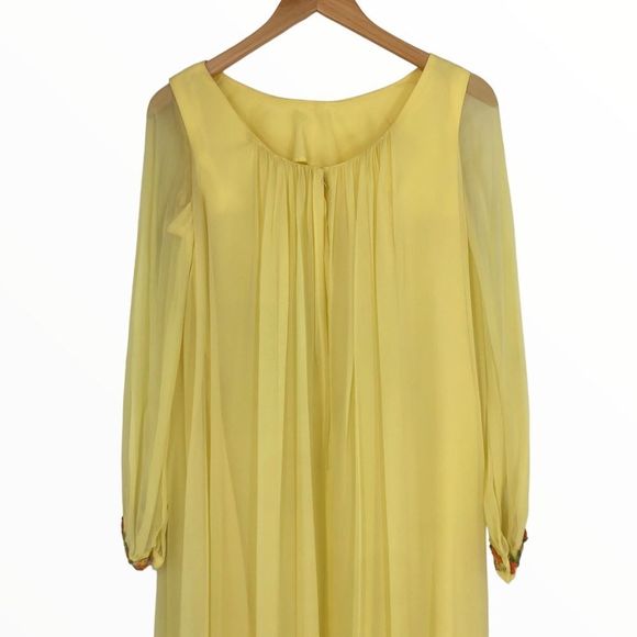 70’s Vintage Yellow Maxi Dress Embroidered Sheer Long Sleeve Ribbon Trim Gown - Picture 5 of 13